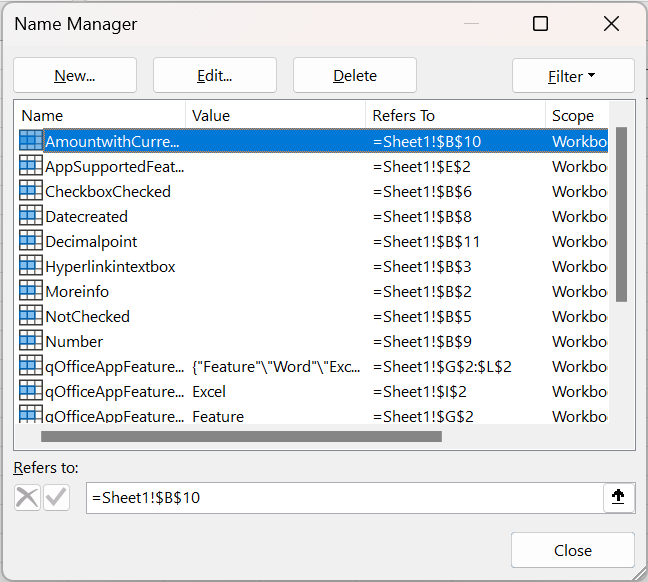 Excel name manager named ranges