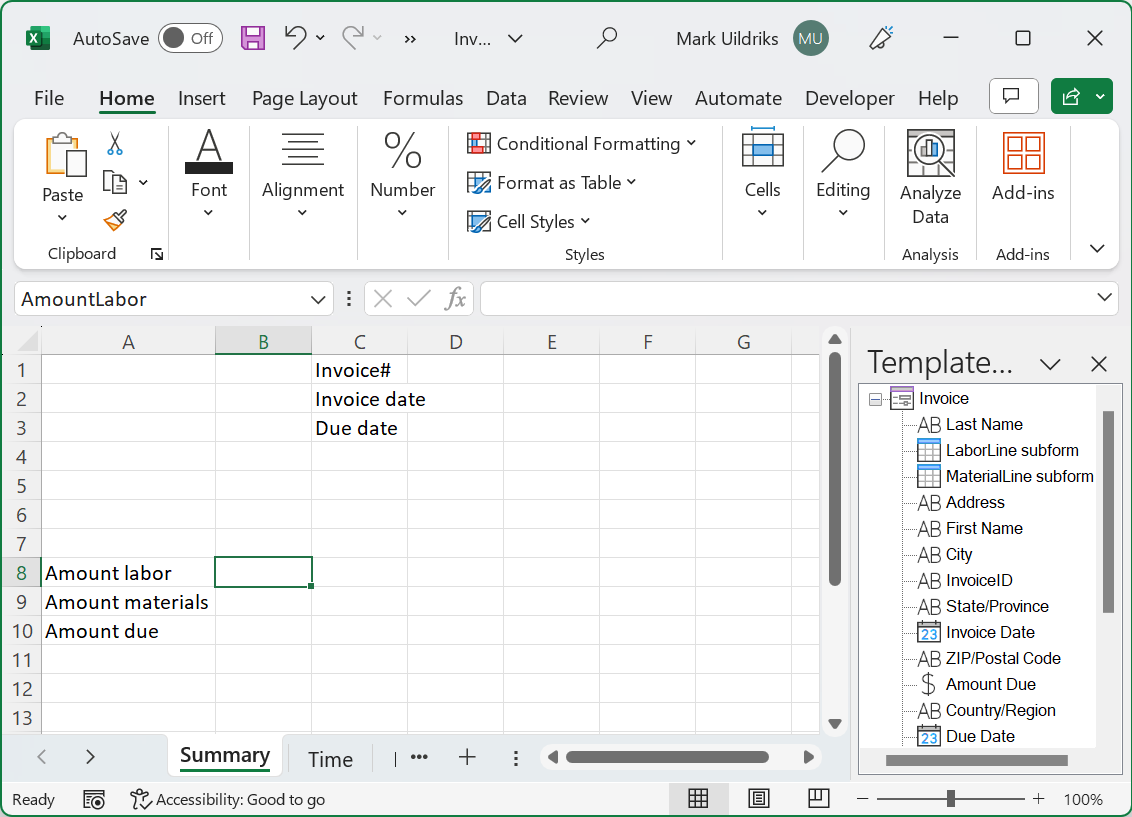 Access to Excel template designer