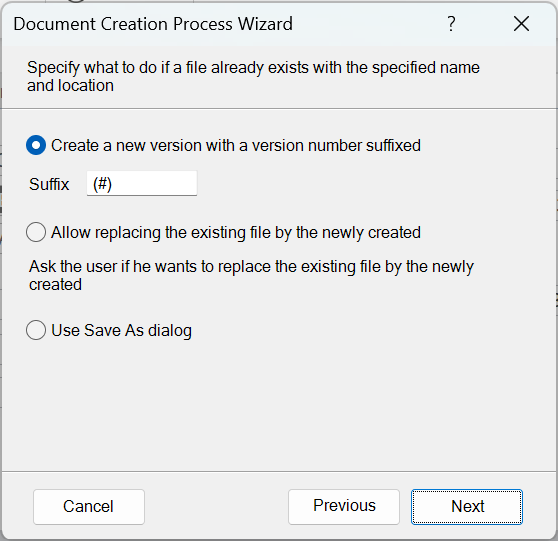 you can choose from three refinement options on how to handle the situation where a file already exists, and no automatic overwriting was checked. The most important option being to have a suffix added which you can customize