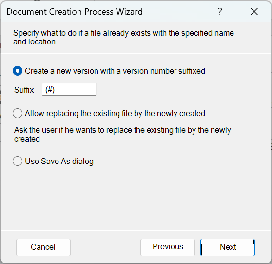 Decide what to do when a document with same name and location already exists. Add suffix, have optional replace or use save as dialog