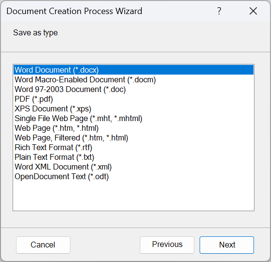  select file type to create, e.g. PDF