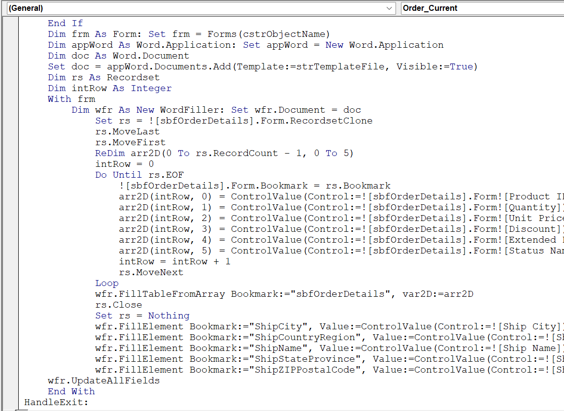 sample VBA code that fills a document created from the template. Note the use of Word bookmark names.  