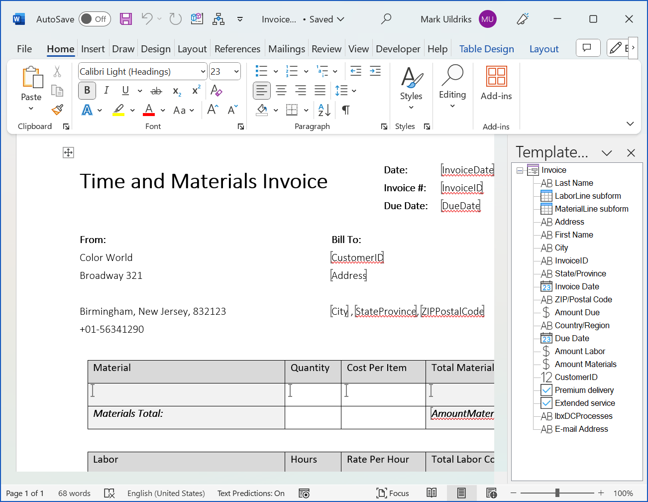 VBA Word document automation: adding bookmarks for a table in word template designer