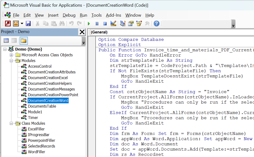 generated vba code and added modules